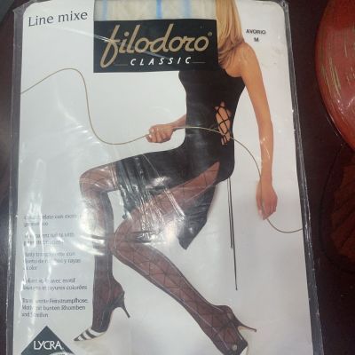 ITALIAN FILODORO CLASSIC LINE MIXE SHEER TIGHTS GEOMETRIC PATTERN 3/M IVORY